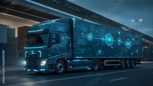 Futuristic Truck with City Logistics, and Night.