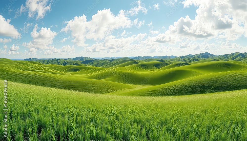 Vivid green grass covers rolling hills beneath a bright blue sky, dotted with fluffy white clouds in a landscape of natural beauty Vivid green grass covers rolling hills beneath a bright blue sky, dotted with fluffy white clouds in a landscape of natural beauty