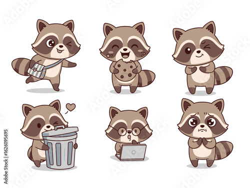 Adorable Raccoon Characters in Various Poses and Emotions