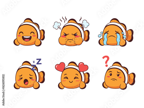 Clownfish Emoticons: Happy, Angry, Sad, Sleepy, Loving, and Confused Expressions
