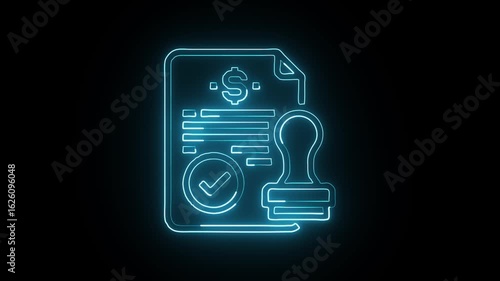 glowing neon certificate icon isolated, black background, HD video motion graphic animation