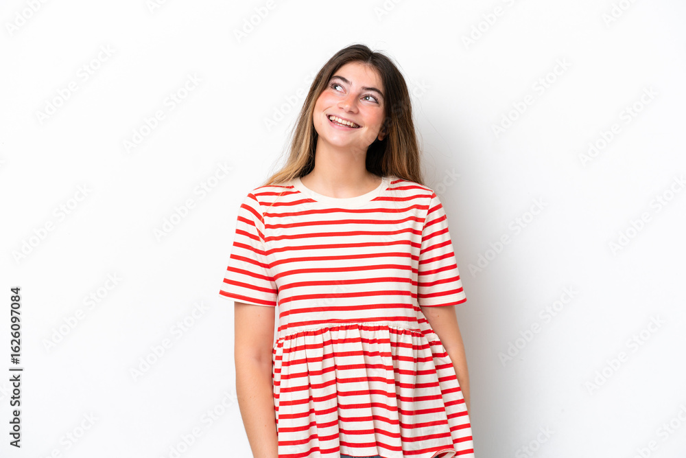 Young caucasian woman isolated on white background thinking an idea while looking up Young caucasian woman isolated on white background thinking an idea while looking up