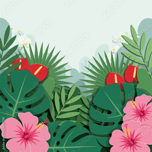 Lush tropical foliage with vibrant pink hibiscus and red anthurium flowers, creating a dense, verdant jungle scene with a soft, light background.