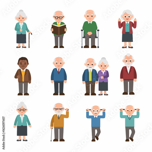 Diverse Senior Citizens Enjoying Life: Active Aging, Healthy Lifestyle, Retirement Community, and Family Connections in Retirement Years, Scalable Vector Graphic