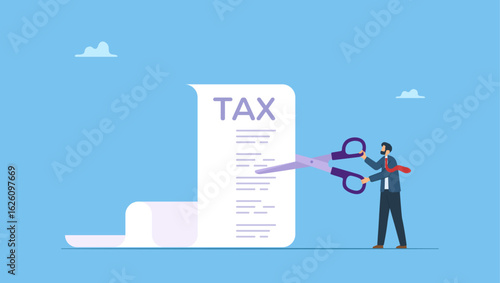 Businessman using big scissors to cut pile of tax bill and expense. Cut bills to reduce cost and expense, tax or payment deduction, limit spending or control cash flow.