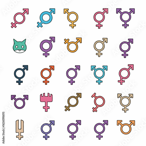 Diverse gender symbols collection embodies inclusivity and equality, ideal for educational materials, social campaigns, and promoting awareness about gender identity