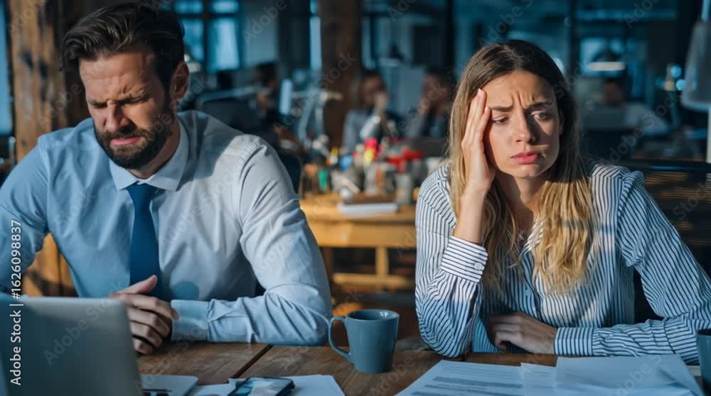 Un homme et une femme luttent contre la maladie et l'épuisement professionnel dans un environnement de bureau stressant