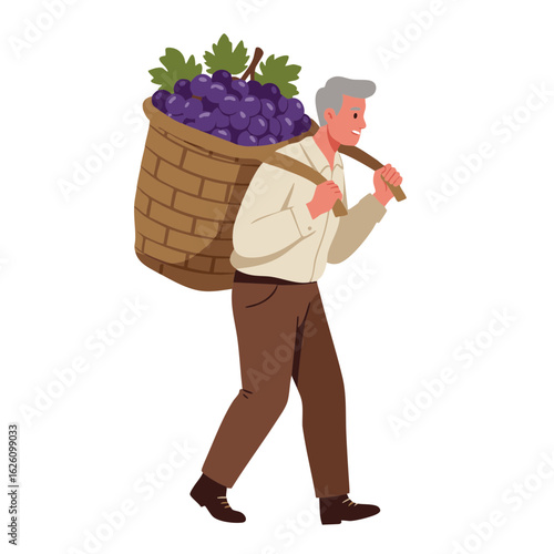 Farmer carrying grapes in large woven harvest backpack