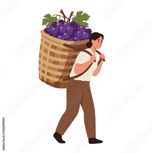 Farmer carrying grapes in large woven harvest backpack