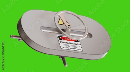 Confined Space Hatch with Danger Sign On Chromakey Background– Industrial Safety Access Cover with Permit Entry Warning