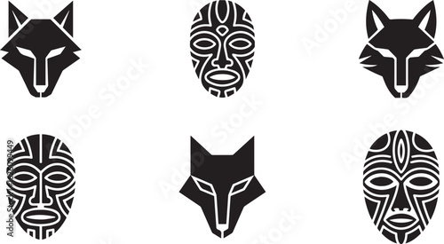 Geometric Animal Mask Silhouette Icon Set, Bold Modern Vector Design, mash symbol illustration.