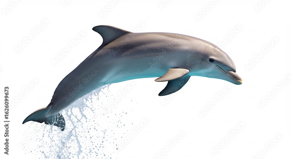 Obraz premium 力強く跳躍するイルカ 水しぶき鮮やか 白背景. AI Generated