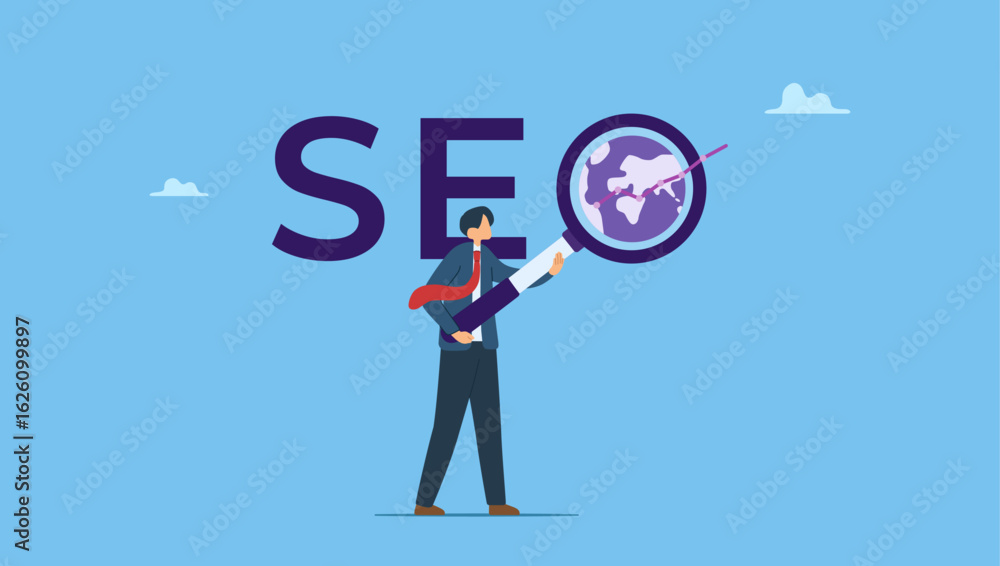 Businessman with magnifying glass analyzes data. Concept of SEO, search engine optimization Ranking, adjusts search results, raises rating, increases traffic. Businessman with magnifying glass analyzes data. Concept of SEO, search engine optimization Ranking, adjusts search results, raises rating, increases traffic.