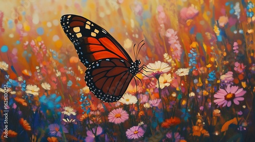 Artistic depiction of a monarch butterfly amid a colorful wildflower meadow