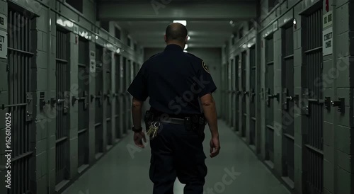 Correctional officer walking through prison hallway with empty cells  