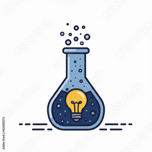 Vector illustration of lab flask with dark blue liquid and glowing bulb symbolizing ideas and scientific creativity