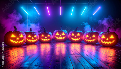 An abstract and stylish background with a row of pumpkins and beautiful neon light reflections on a polished wooden floor. The composition combines natural and modern elements.