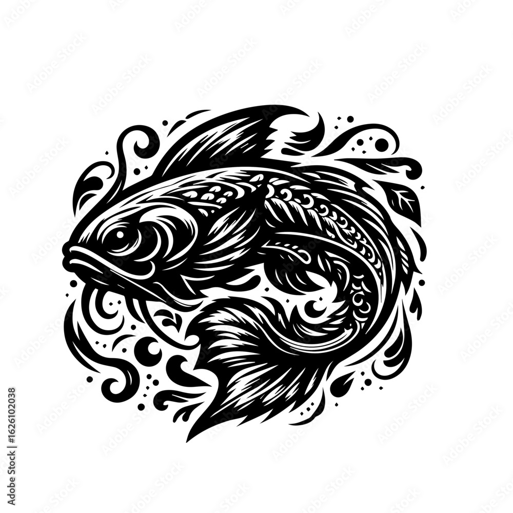 Obraz premium Ornate Black and White Fish Illustration.