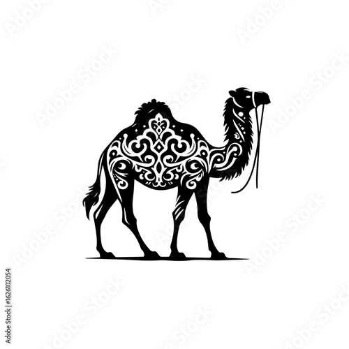 Ornate Black Camel Silhouette with Intricate Patterns.