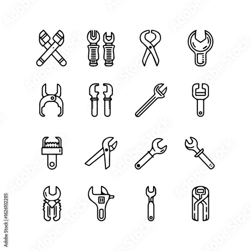 Array of tool icons including wrenches and pliers presented in a clean minimalist style
