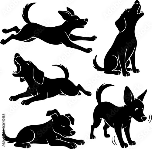 Set of black dog silhouettes in different action poses. Vector illustration of a cartoon puppy running, barking, howling, and sleeping.
