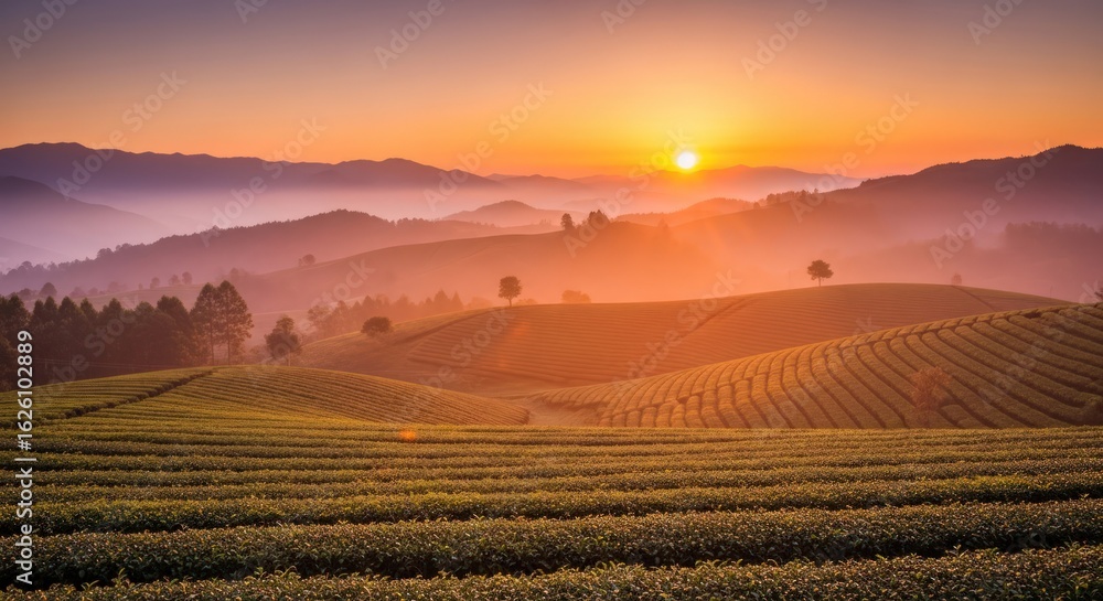 Fototapeta premium Breathtaking Sunrise Over Lush Green Tea Plantations on Rolling Hills