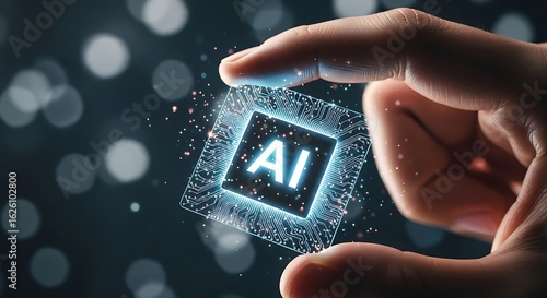 Human hand holding glowing artificial intelligence chip