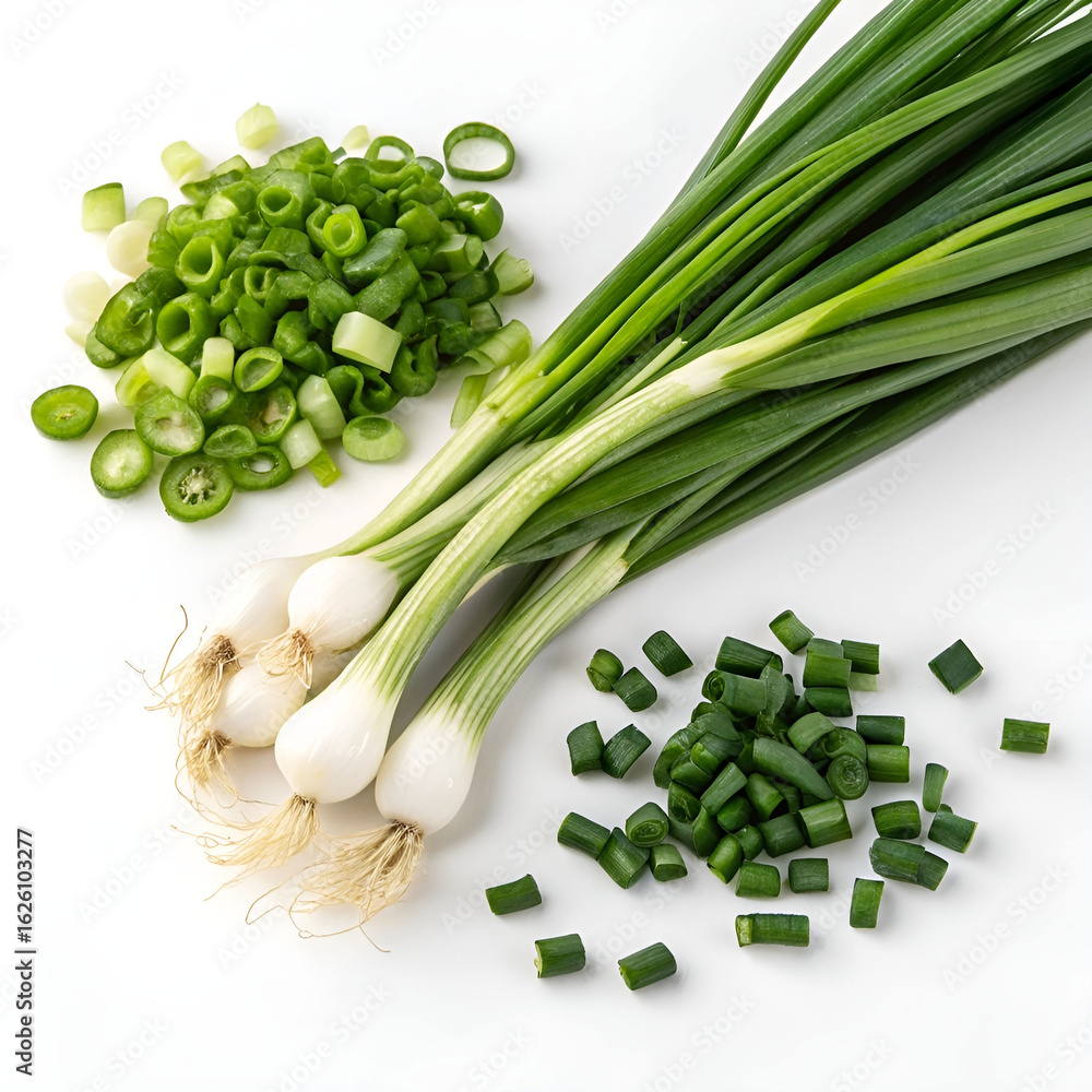 Obraz premium Freshly chopped green onions with vibrant green color.