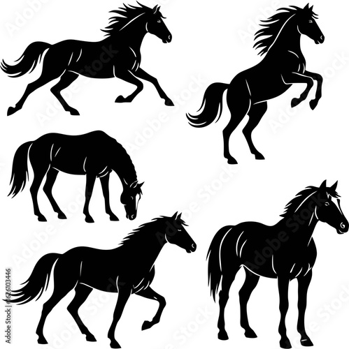 Set of five black horse silhouettes in various dynamic poses. Vector graphic of majestic equines running and rearing.