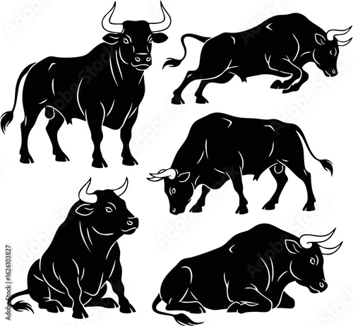Powerful Bull Silhouettes Vector Set for Stock Market and Agricultural Design