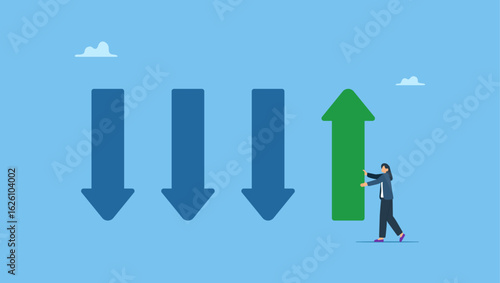 Businesswoman change arrow direction for good. Change management, adaptation or business transformation for better result, change resistance or transition to new opportunity, improvement.