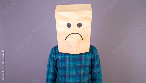 An anonymous person with a paper bag over their head with a sad face drawn on it, symbolizing depression and unhappiness