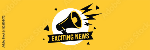 Yellow with Black Megaphone, Exciting News Banner, Lightning Bolts, and Triangles Illustration