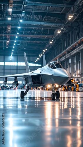 Sleek, futuristic fighter jet in a hangar