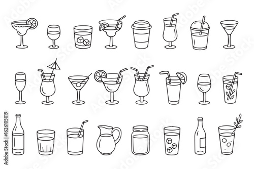 Drink glass icons of various shapes and purposes. Set of classic cocktail and cocktail glass icons with thin line. Various glasses in doodle style.