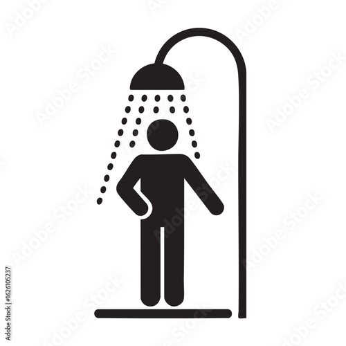 Black and white icon of a person showering under a shower head with water droplets vector
