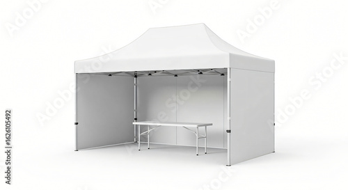 White Pop-Up Tent with Table on White Background