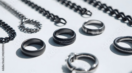 Modern mens jewelry collection black steel rings leather bands chain necklaces positioned symmetrically on a clean white backdrop with crisp shadows