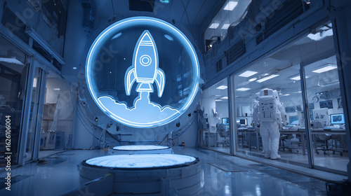 Astronaut Engaged in Training Within Simulator, Preparing for Space Mission in High-Tech Environment with Floating Rocket Display