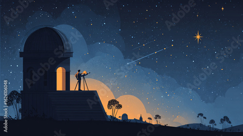 An Astronomer Observes Stars Through a Telescope at Night in a Scenic Observatory with a Starry Sky and Celestial Wonders