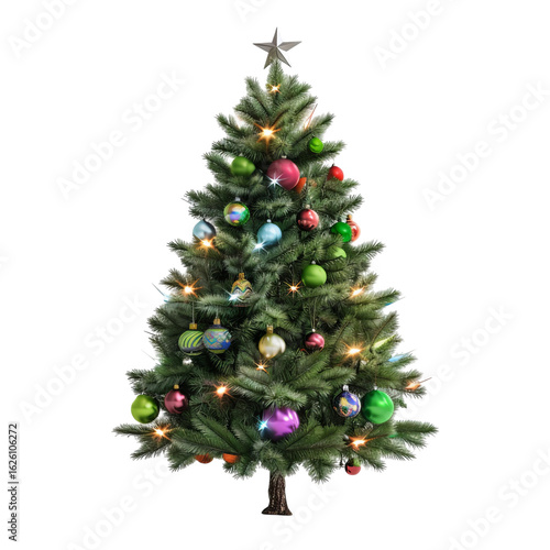 A beautifully decorated Christmas tree with colorful ornaments and twinkling lights, radiating holiday cheer.