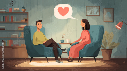 A Heartfelt Counseling Session Between Two Individuals in a Cozy Environment with Soothing Colors and Emotive Expressions