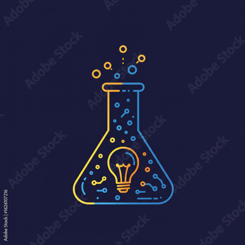 Vector illustration of laboratory flask with light bulb symbolizing creative science on dark background