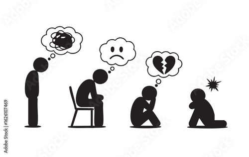 Four black stick figures in various states of distress with thought bubbles black and white illustration