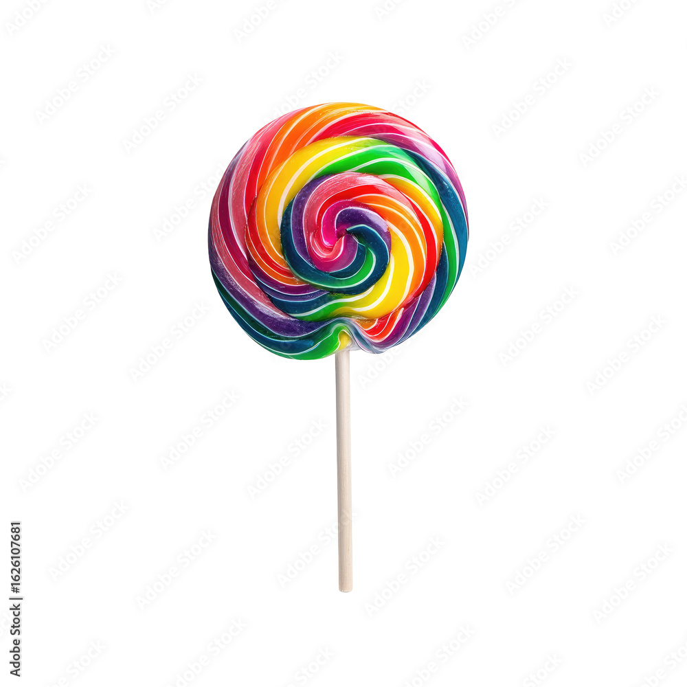 custom made wallpaper toronto digitalA vibrant, round, swirl-patterned lollipop on a stick. Colorful rainbow hues spiral around a central point, creating a visually appealing confection. The lollipop's surface appears smooth and glossy
