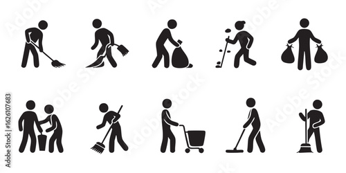 Set of 10 minimalist black and white icons depicting cleaning activities sanitation hygiene