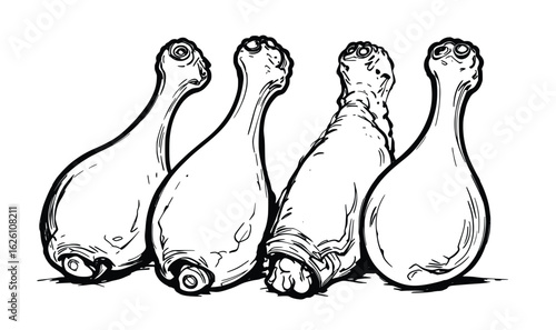 Vintage black and white illustration of five raw chicken drumsticks standing upright, rustic food sketch
