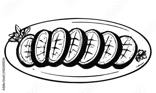 Line Art of Sliced Meat Pieces on Serving Plate