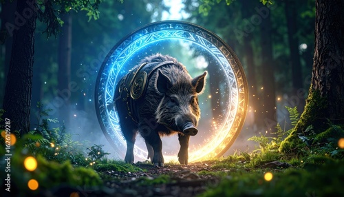 Mystical Boar in Forest with Magic Portal, Fantasy, and Nature Background.