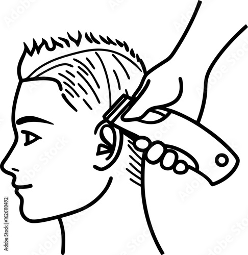 Boy getting haircut with electric clippers hand shaving hair, side profile, simple line illustration, grooming concept